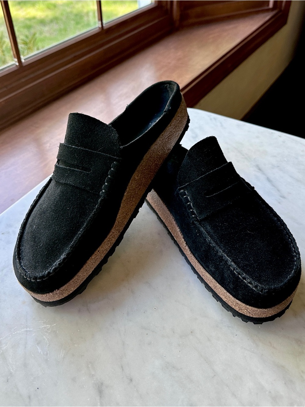 Birkenstock Naples Black Suede Platform Penny Loafers - Size 46 Euro, 12-12.5 US